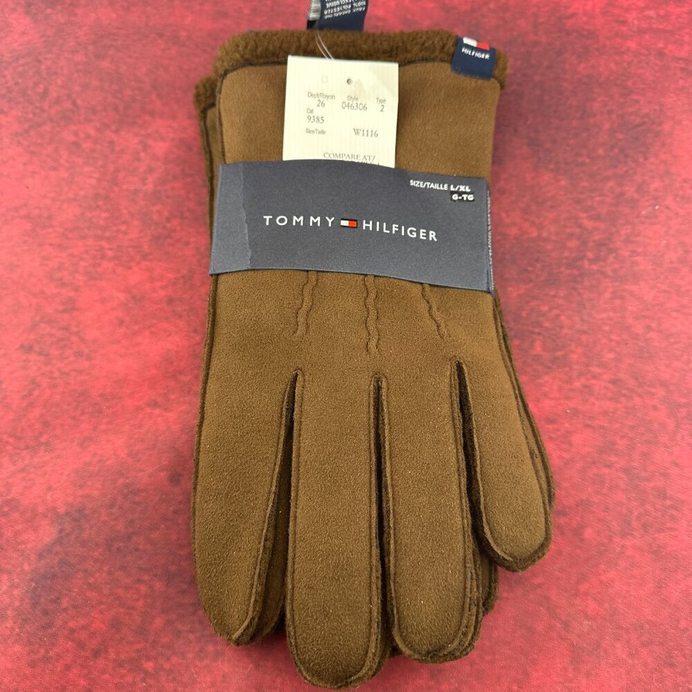 TOMMY HILFIGER MEN'S BROWN SUEDE GLOVES WITH A SHERPA LINING BRAND NEW SIZE L/XL - Picture 2 of 8